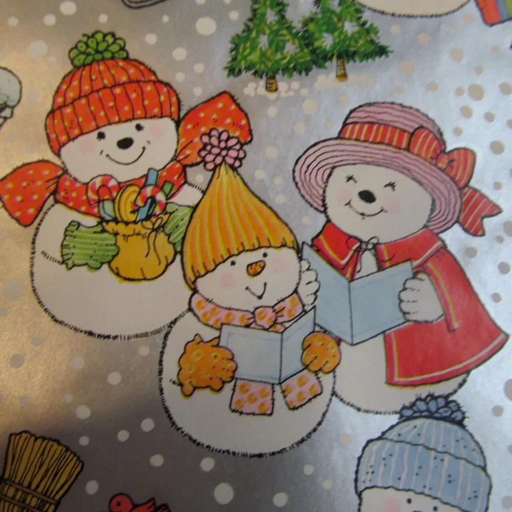 Vintage Hallmark Gift Wrap Paper Partial Roll ~ Snowmen w Trees, Sleds